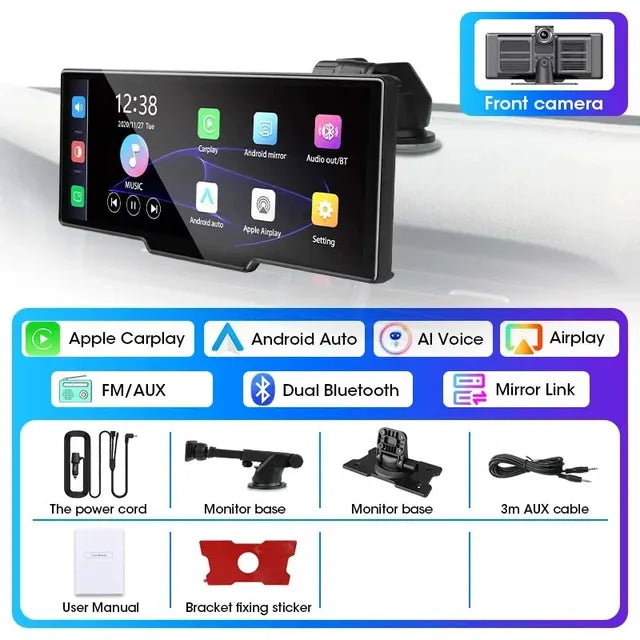 Universal 10.26” Portable Smart Screen Wireless Carplay&Android Auto 4K Car DVR&1080P Rear Camera Dashcam GPS Voice Control  AUX