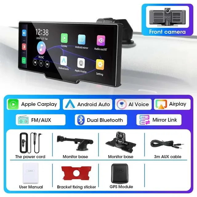 Universal 10.26” Portable Smart Screen Wireless Carplay&Android Auto 4K Car DVR&1080P Rear Camera Dashcam GPS Voice Control  AUX