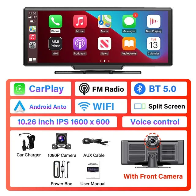 Universal 10.26” Portable Smart Screen Wireless Carplay&Android Auto 4K Car DVR&1080P Rear Camera Dashcam GPS Voice Control  AUX