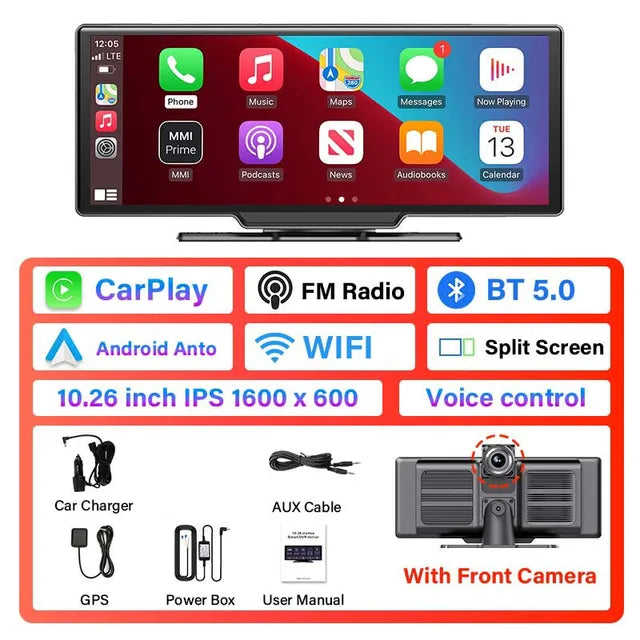 Universal 10.26” Portable Smart Screen Wireless Carplay&Android Auto 4K Car DVR&1080P Rear Camera Dashcam GPS Voice Control  AUX