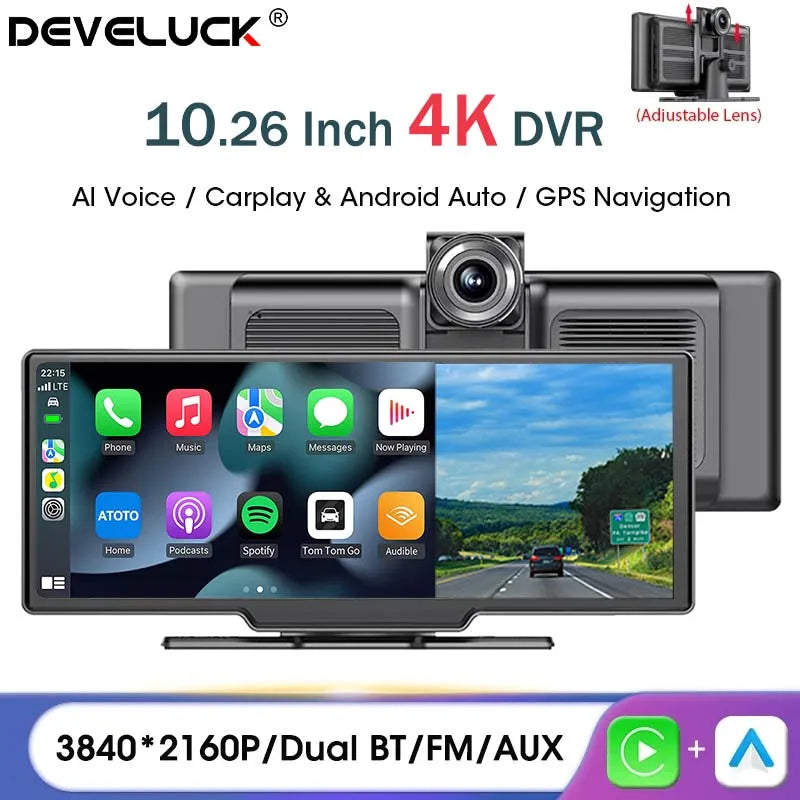 Universal 10.26” Portable Smart Screen Wireless Carplay&Android Auto 4K Car DVR&1080P Rear Camera Dashcam GPS Voice Control  AUX