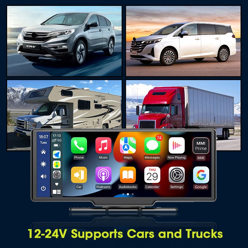 Universal 10.26” Portable Smart Screen Wireless Carplay&Android Auto 4K Car DVR&1080P Rear Camera Dashcam GPS Voice Control  AUX