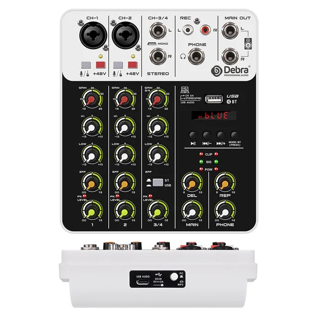 V4 Audio Interface Mixing Console Bluetooth USB Record PC 48V Phantom Power Delay Repaeat Effect 4 Channels USB Audio Mixer.