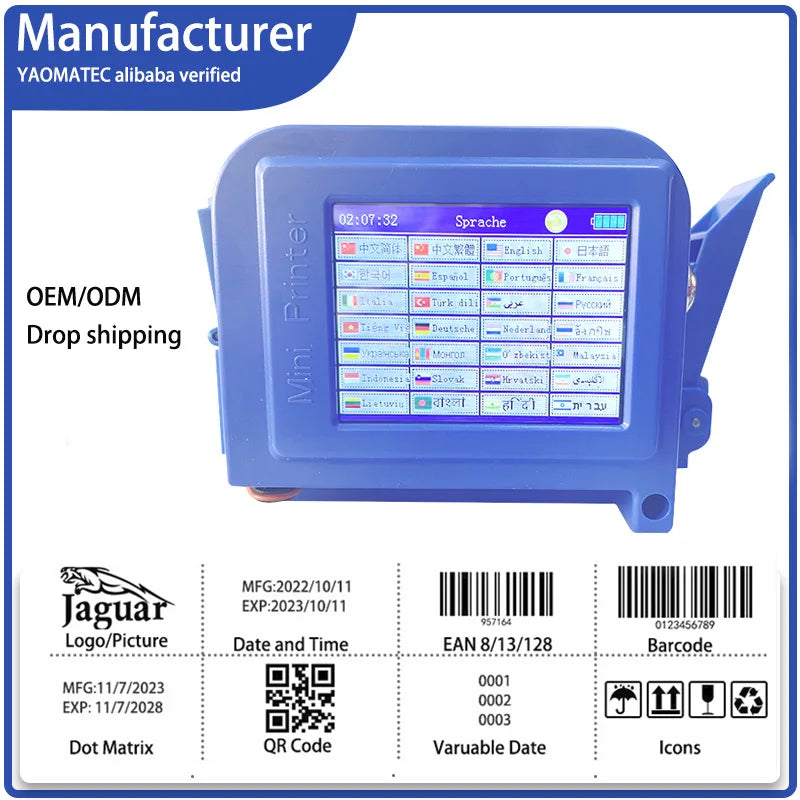 YB-0 Blue 12.7mm  Handheld Jet Thermal Inkjet Printer QR Bar Batch Code Date Logo Expiry Label  Mini Portable Printer