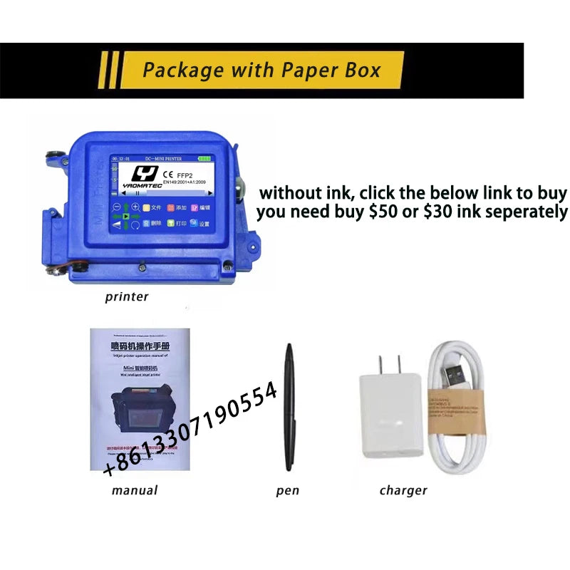 YB-0 Blue 12.7mm  Handheld Jet Thermal Inkjet Printer QR Bar Batch Code Date Logo Expiry Label  Mini Portable Printer