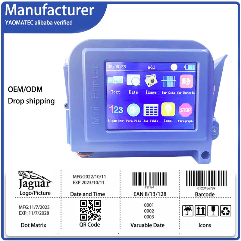 YB-0 Blue 12.7mm  Handheld Jet Thermal Inkjet Printer QR Bar Batch Code Date Logo Expiry Label  Mini Portable Printer