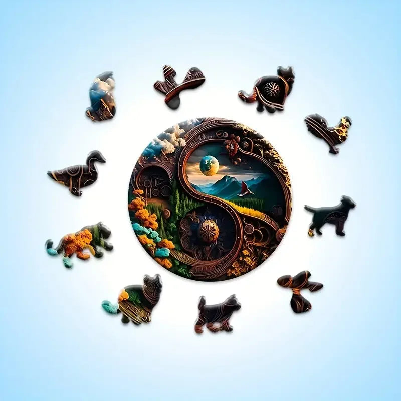 Yin-yang Landscape Wooden Puzzle, Uniquely Irregular Animal Shaped Wooden Stress Relief Toy